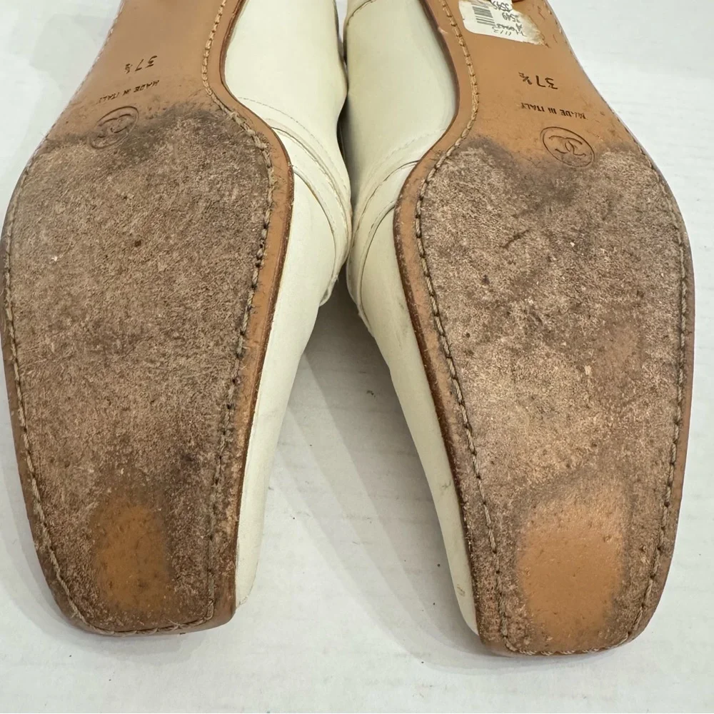CHANEL Sz 37.5 Off White Calfskin Square Toe Slip on LOAFERS Low Heel Italy LUX